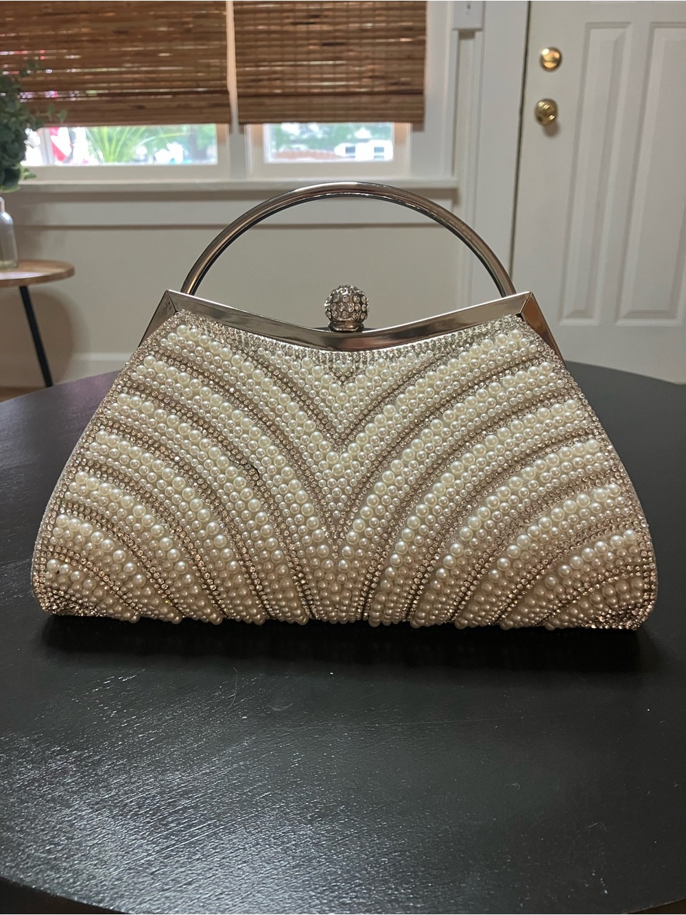 Pearl-Accented Ivory Evening Clutch with Silver Frame